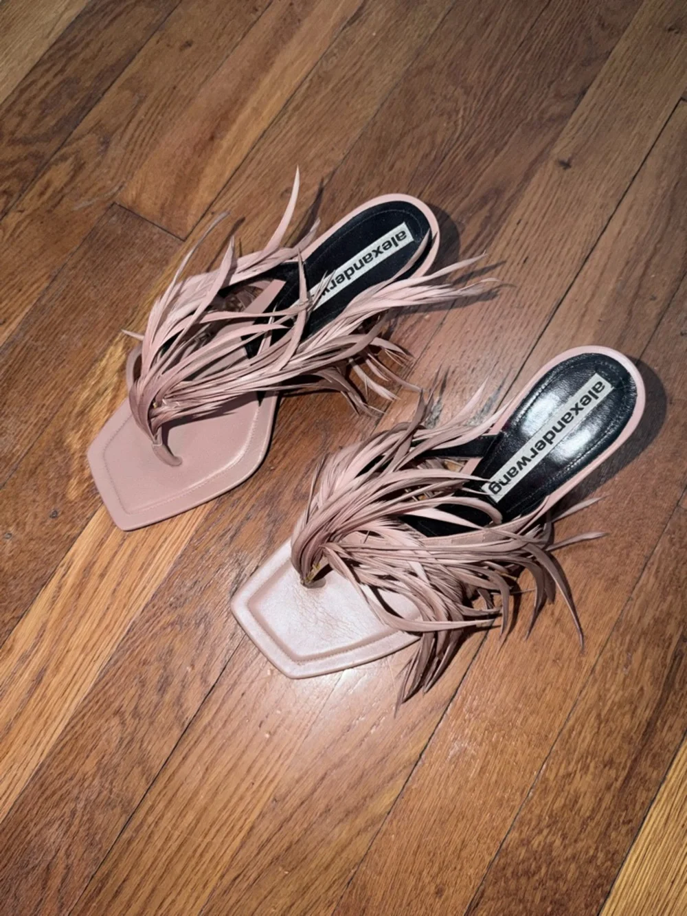 Alexander Wang Ivy Feather Sandal Nude Pink Square-Toe Mules Heels Size 39 - Picture 7 of 8